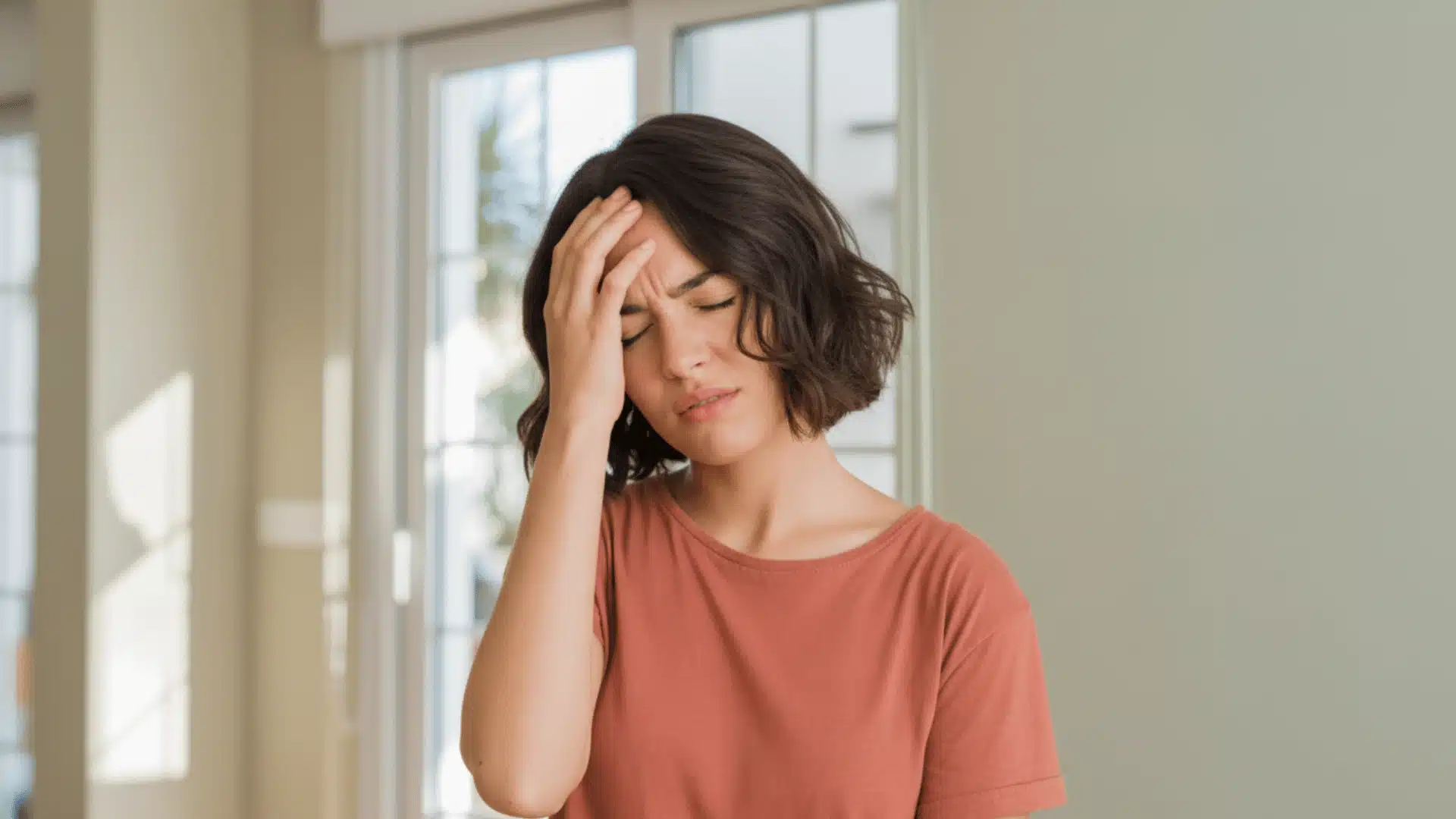 indoor photograph of a young woman covering her face with her hands in a gesture of headache