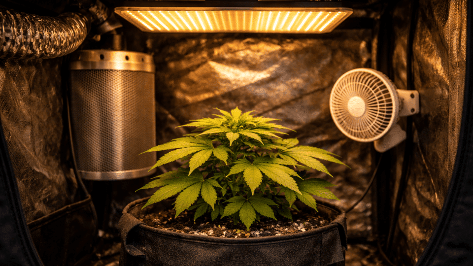 interior of a small grow tent with amber led light glowing over a green cannabis plant in a fabric pot