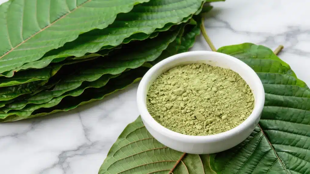 kratom powder in a white bowl placed on fresh green kratom leaves on a clean marble surface