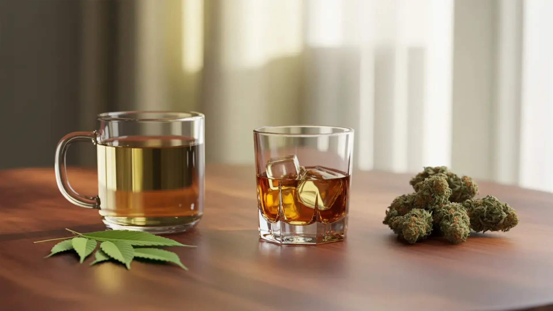 kratom tea, whiskey glass, and cannabis buds placed on wooden table with soft natural lighting and blurred background indoors