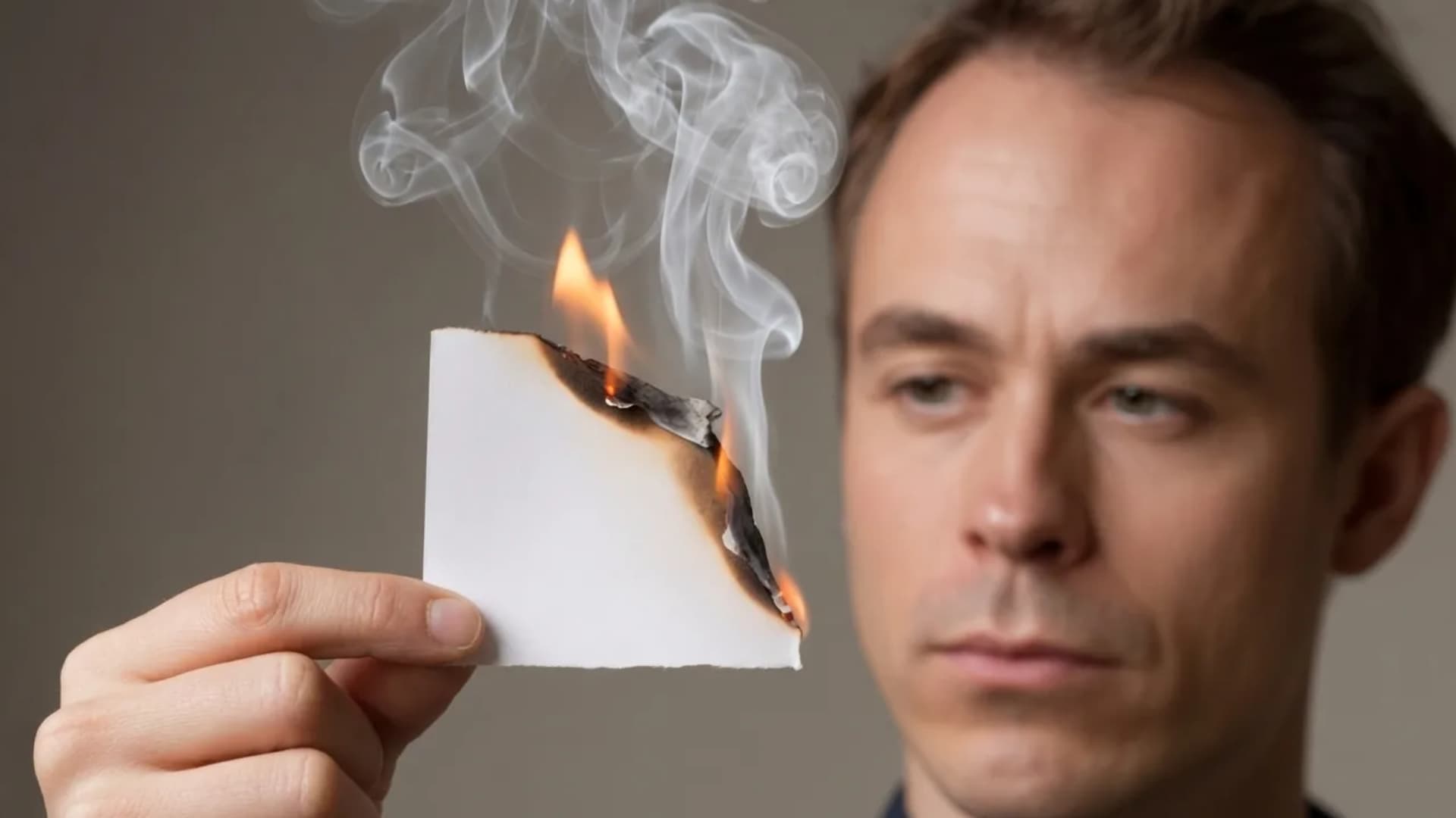 man lighting and smoking a small piece of plain paper, not a cigarette held between his fingers, and the smoke should be visible as it rises into the air