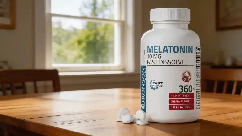 melatonin supplement bottle with tablets on wooden table near window, labeled, representing sleep aid and daily use