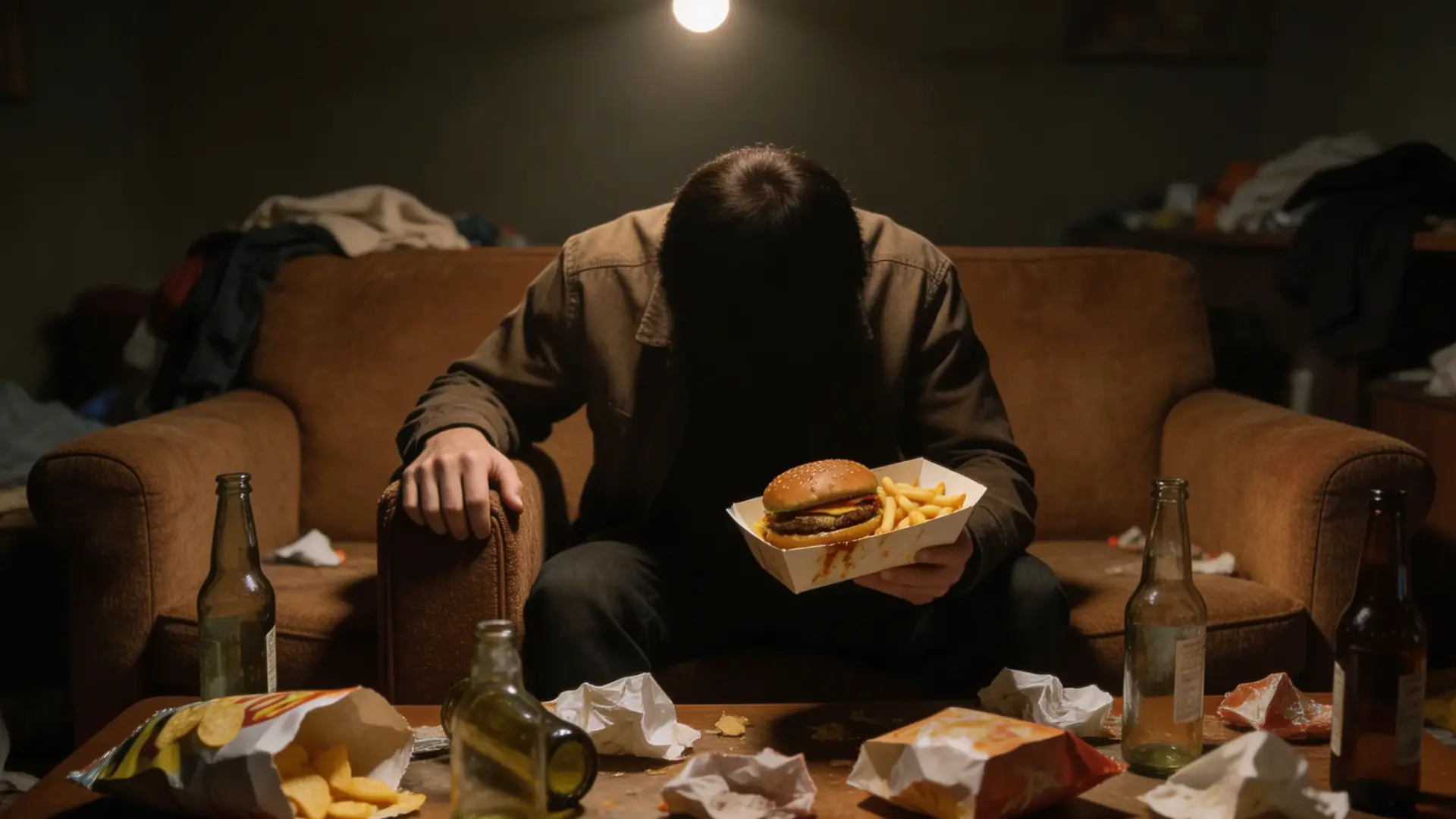 person slouched on a messy couch holding fast food with empty beer bottles on the table