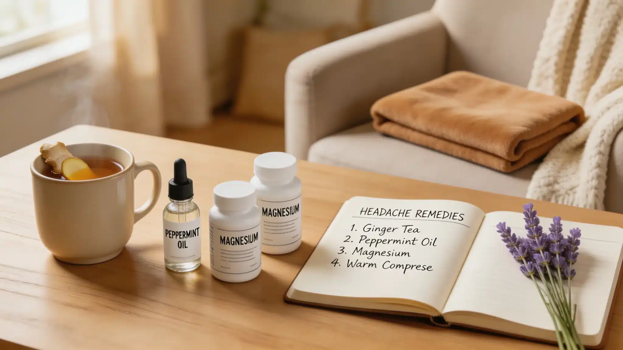 realistic image of a wooden table with a cup of ginger tea, peppermint oil, magnesium supplements, lavender sprig, and a warm compress, creating a calming atmosphere for headache relief.