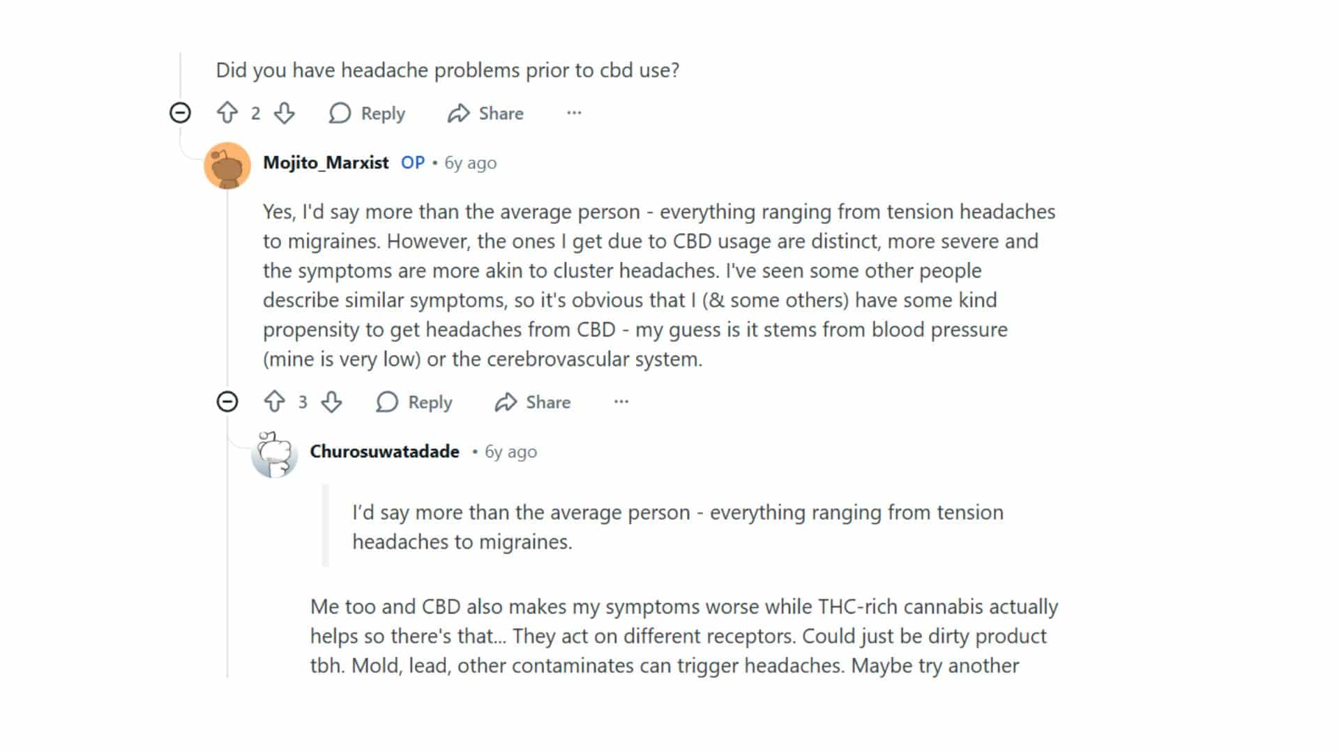 reddit discussion where users share their experiences of CBD causing severe headaches and possible triggers.