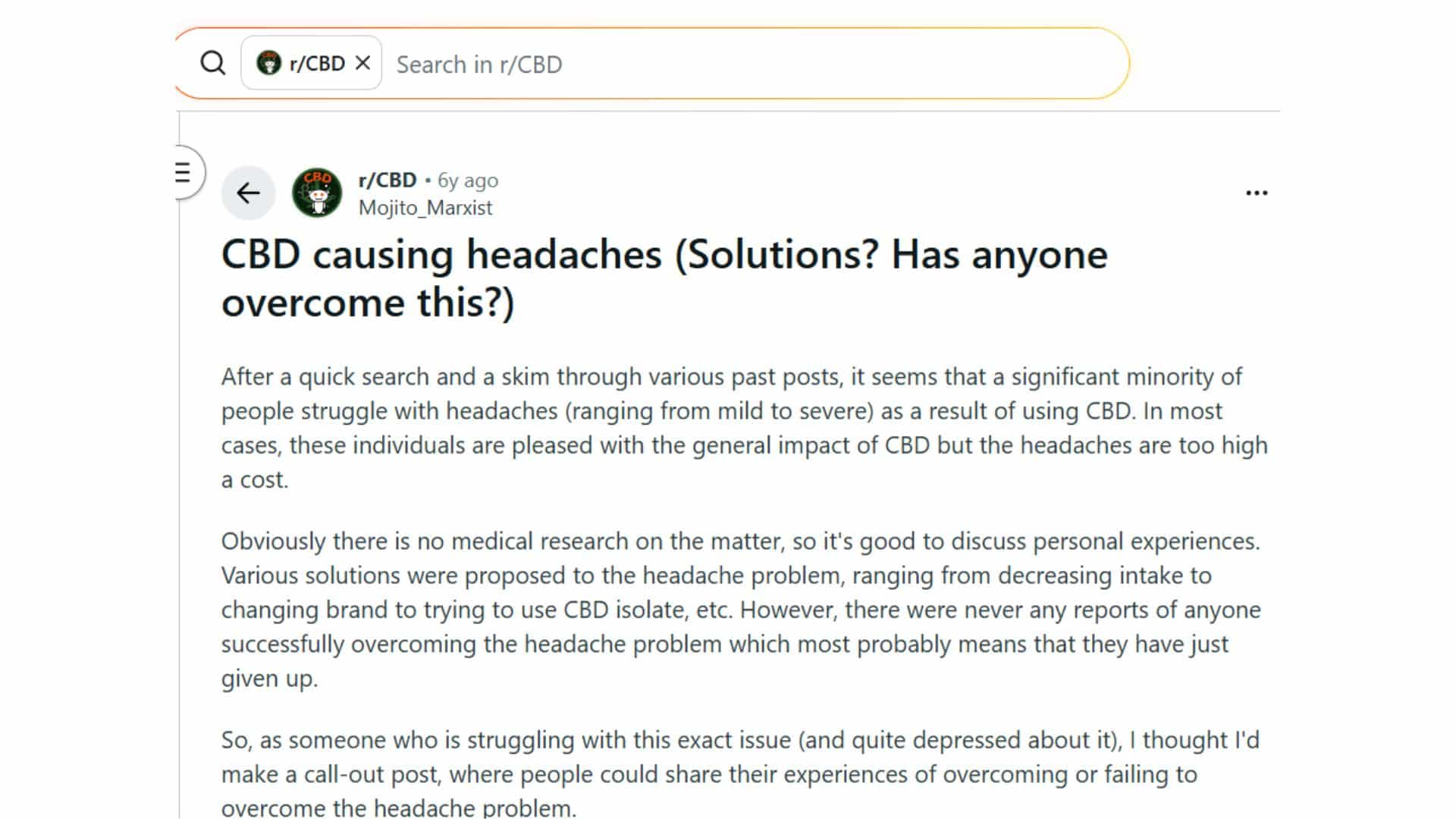 reddit post discussing personal experiences of CBD causing headaches and possible solutions shared by users.