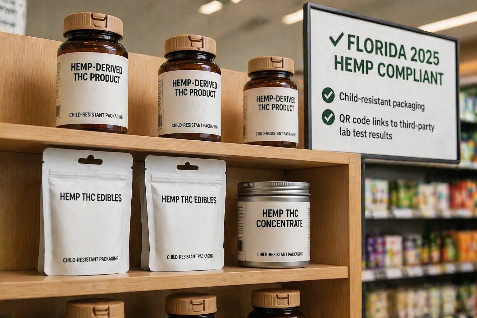 shelves with hemp products featuring child-resistant packaging and clear labels, displaying various thc products