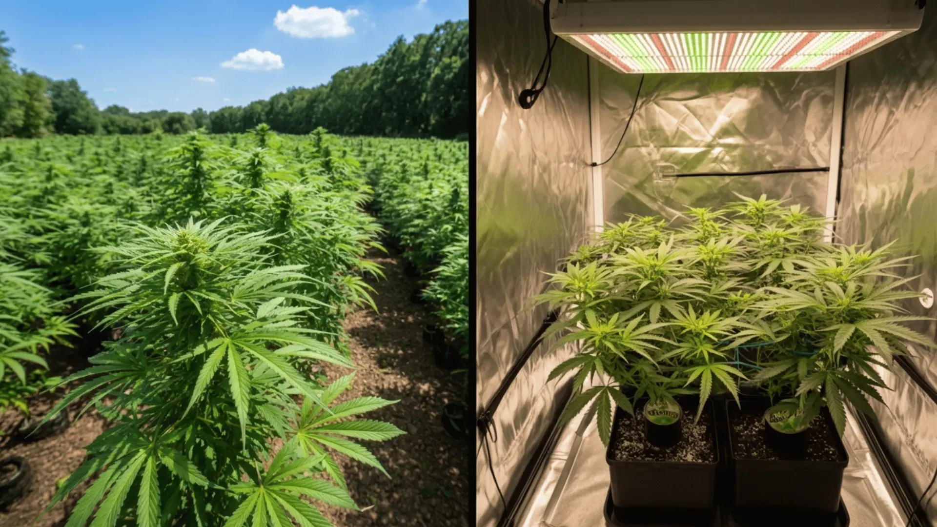 split image showing two different indoor and outdoor cannabis cultivation setups