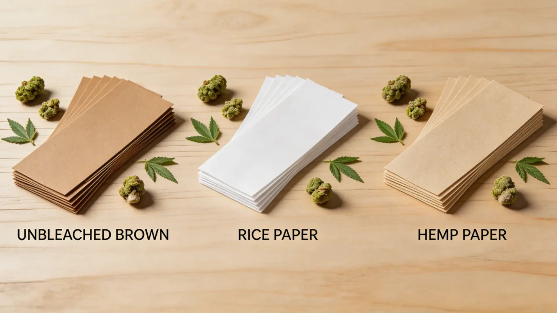 stacks of unbleached brown, rice, and hemp rolling papers displayed on wooden surface, showing differences in material, color, and texture