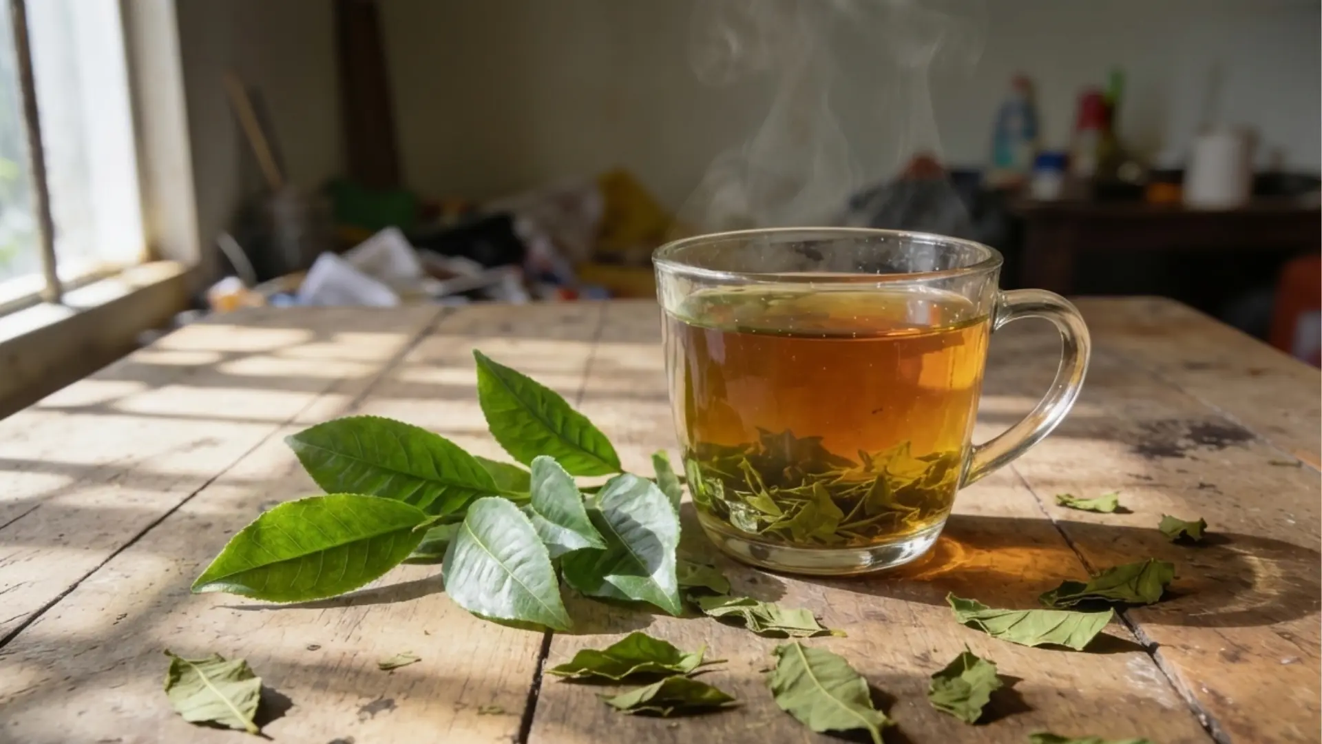 steaming cup of kratom tea on wooden table with fresh green leaves scattered around in natural sunlight indoors