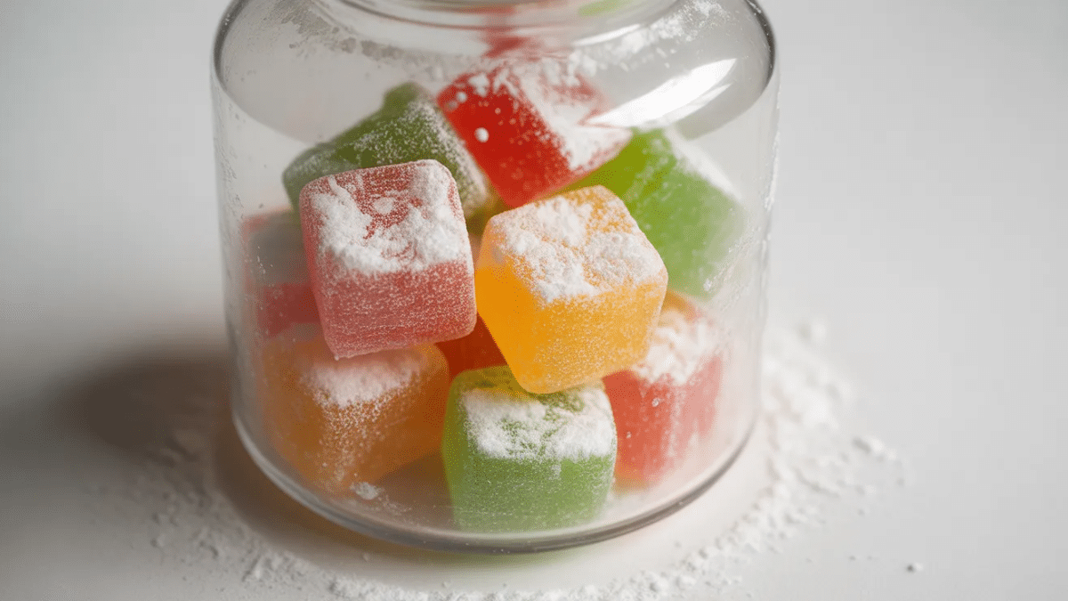 sugar-dusted square cbd gummies kept in a clear plastic bottle for neuropathy pain relief