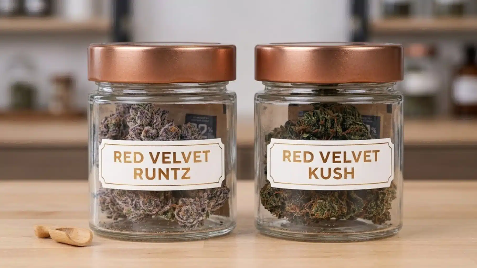 the image shows two jars labeled red velvet runtz and red velvet kush, filled with cannabis buds