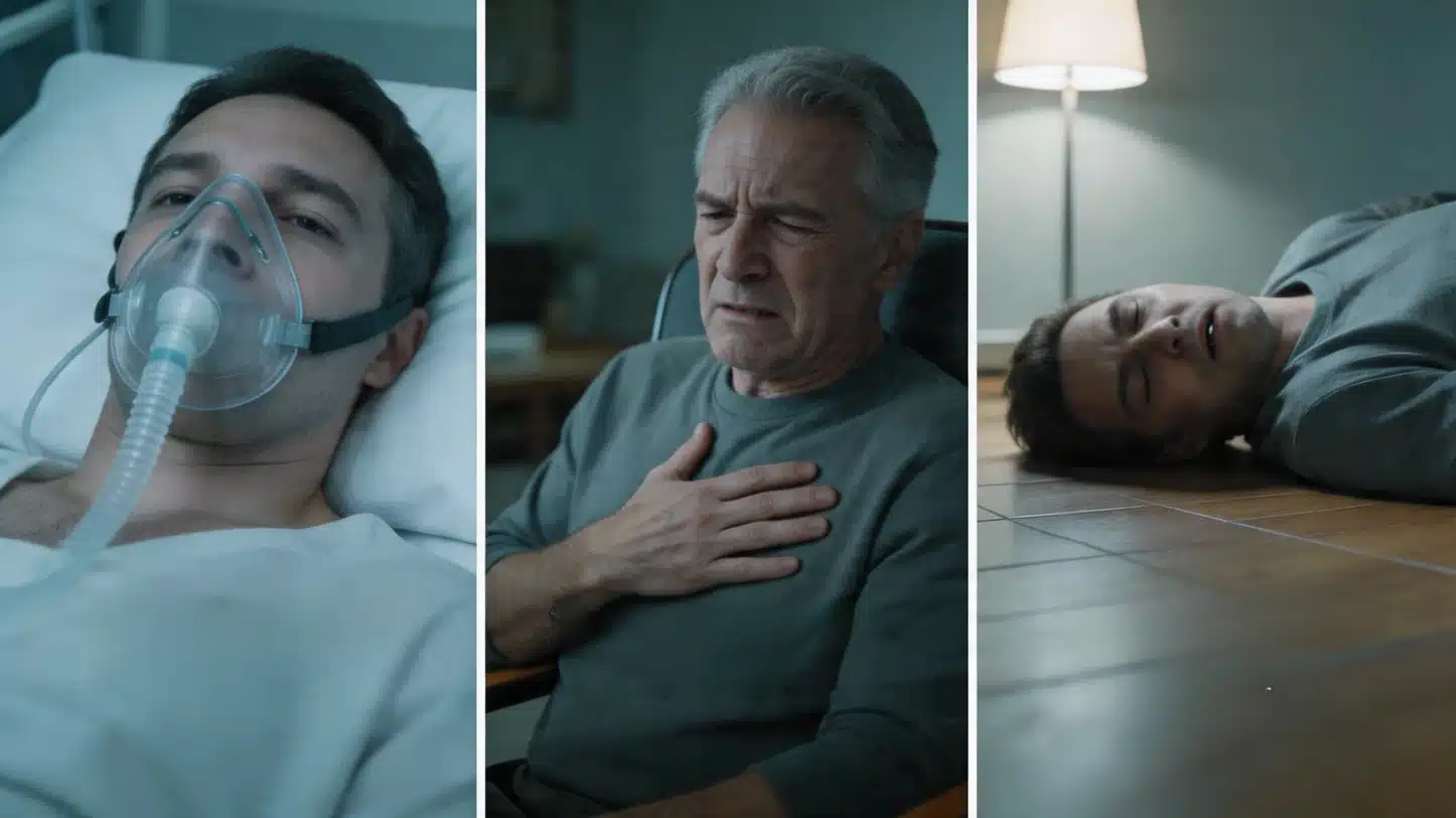 three-panel image depicting medical scenarios, a man on oxygen in hospital, a man clutching his chest, and a man fainted