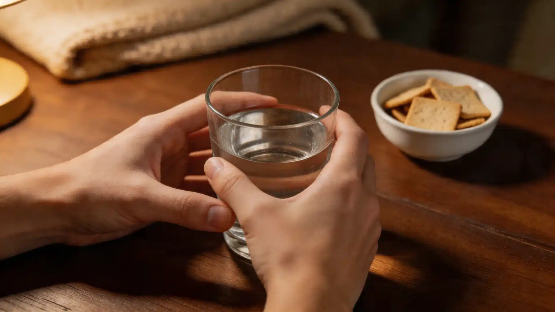 two hands cradling a glass of water on a wooden surface with a small bowl of plain crackers and a folded blanket