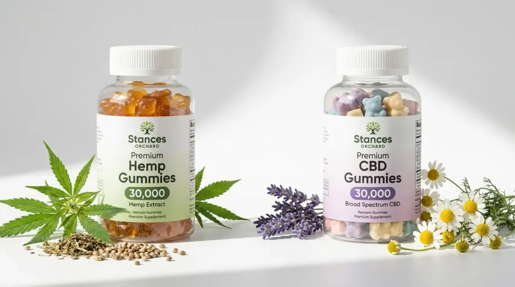 two premium gummy supplement bottles standing side by side, one labeled hemp gummies with hemp leaves and seeds, the other labeled cbd gummies with lavender and chamomile