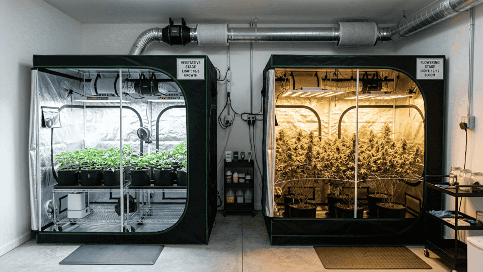 two tent cannabis grow setup showing vegetative and flowering stages for perpetual harvest system