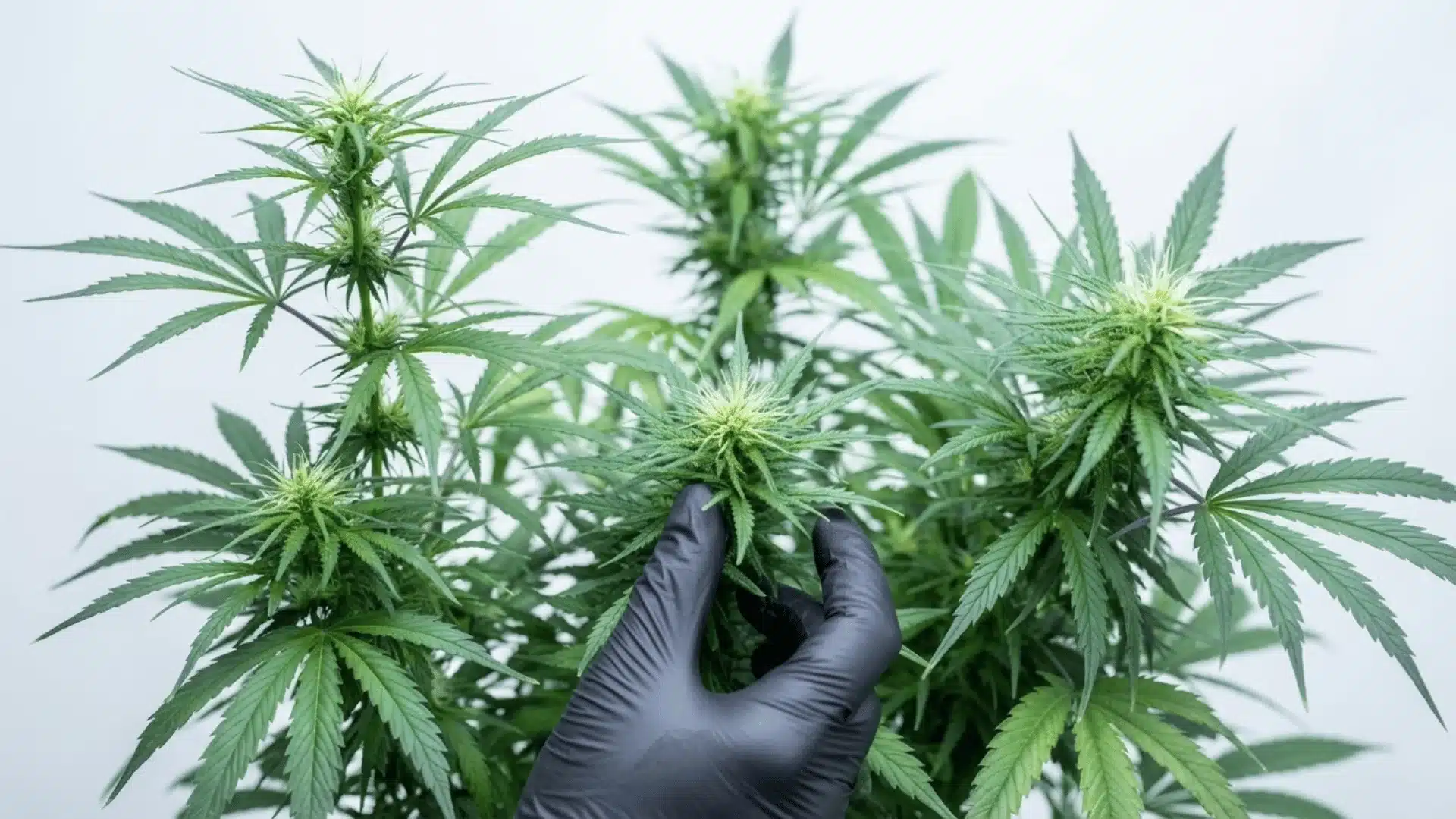 vibrant green cannabis plants with prominent trichomes against a bright background