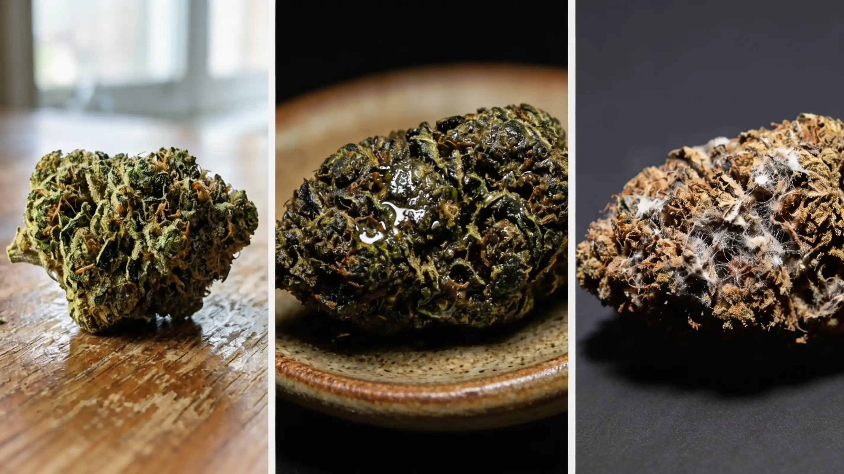 wet weed stages showing damp buds overly wet texture and moldy cannabis with visible fungal growth