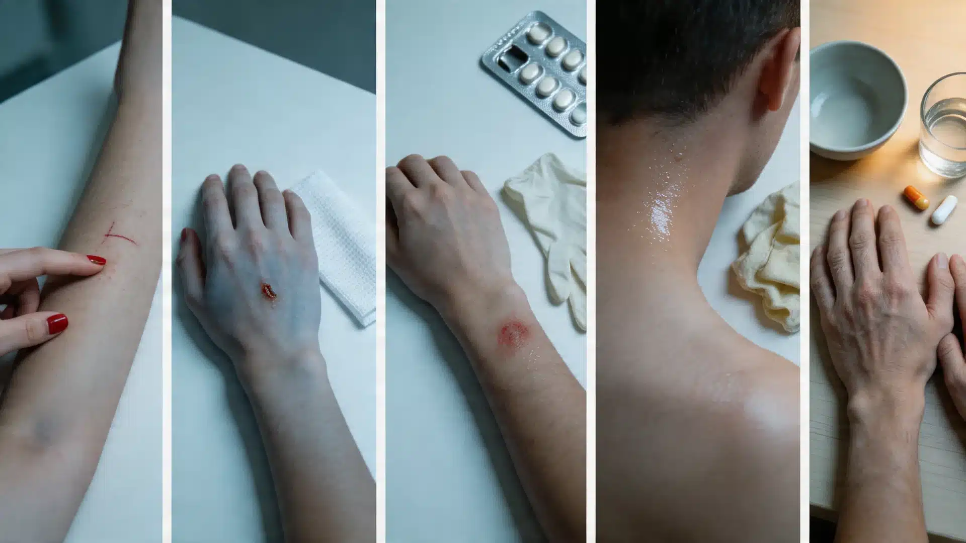 wound care stages including a skin cut, cleaning with gauze, treated abrasion, night sweats, and oral medication