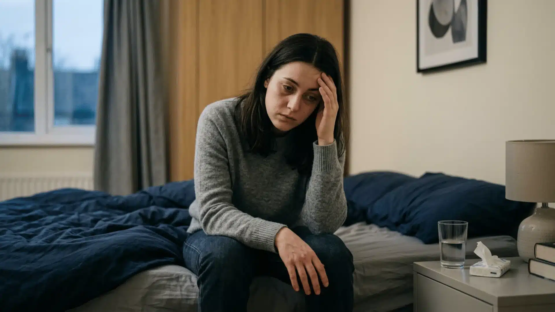 young woman sits alone on the edge of her bed in a dim, quiet room her shoulders are slightly hunched