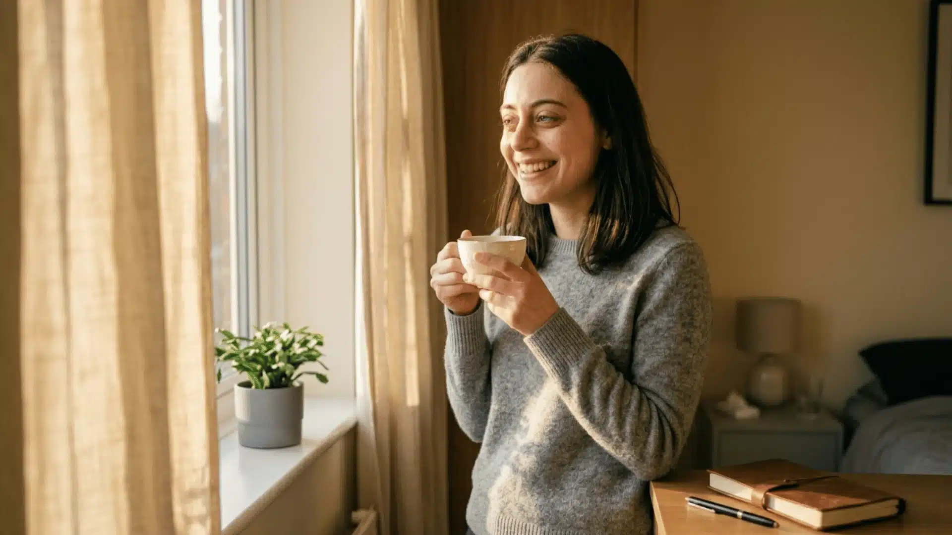young woman standing near her window with a cup of coffee look happy and bright