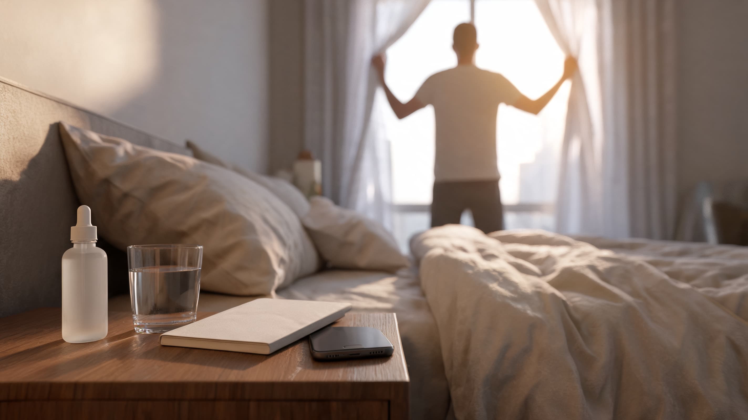 a cbd bottle set aside beside water and a sleep journal in a quiet bedroom morning scene