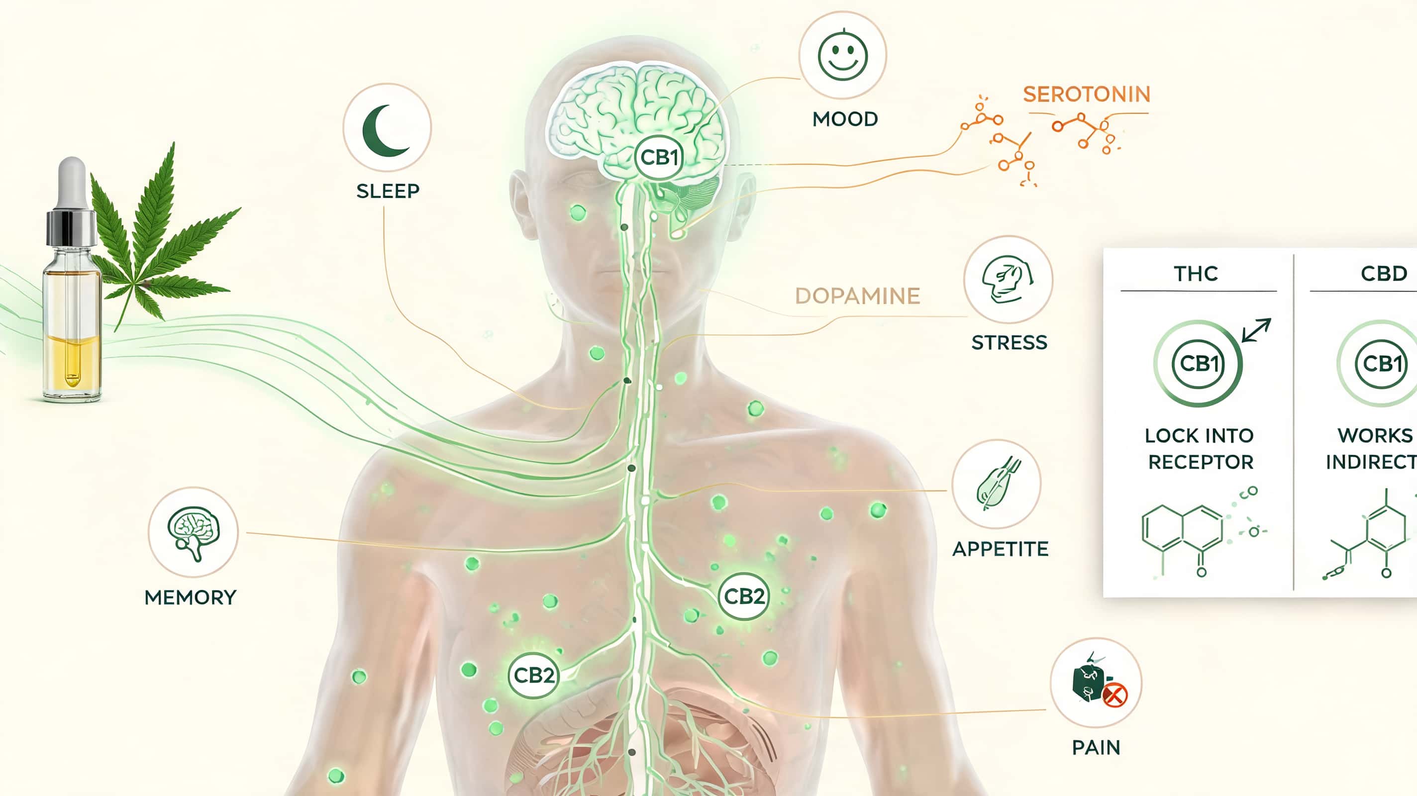 a clean cbd infographic showing brain body receptors sleep mood stress and pain response pathways