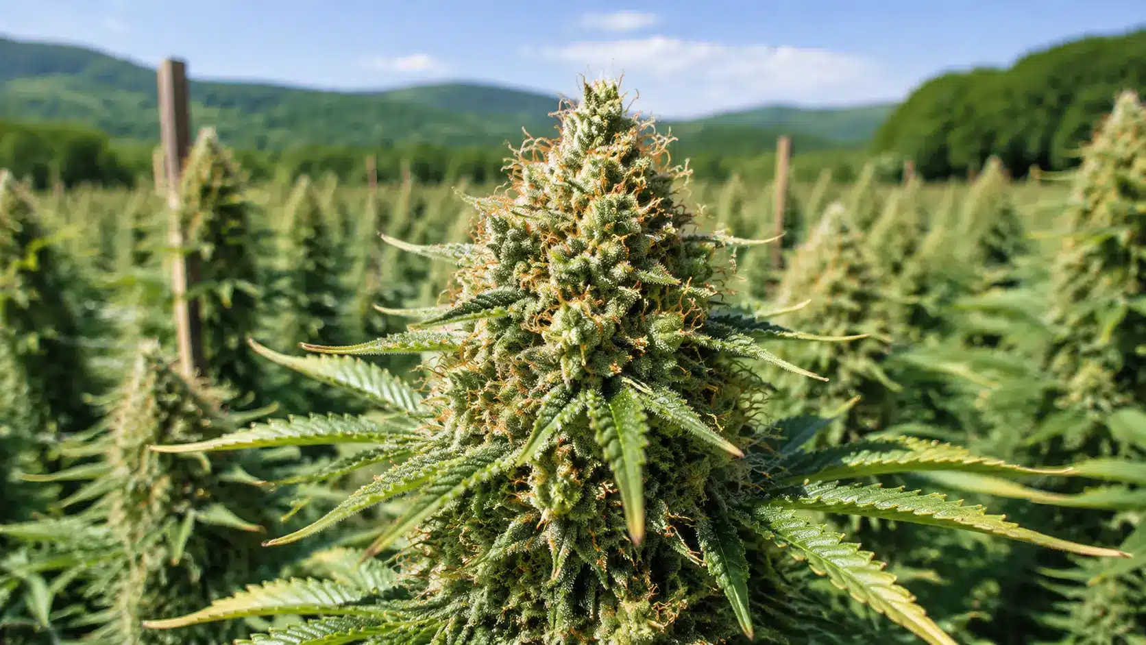 a close-up of a cannabis plant in a sunlit outdoor field, showing a dense, resin-coated bud surrounded by green leaves