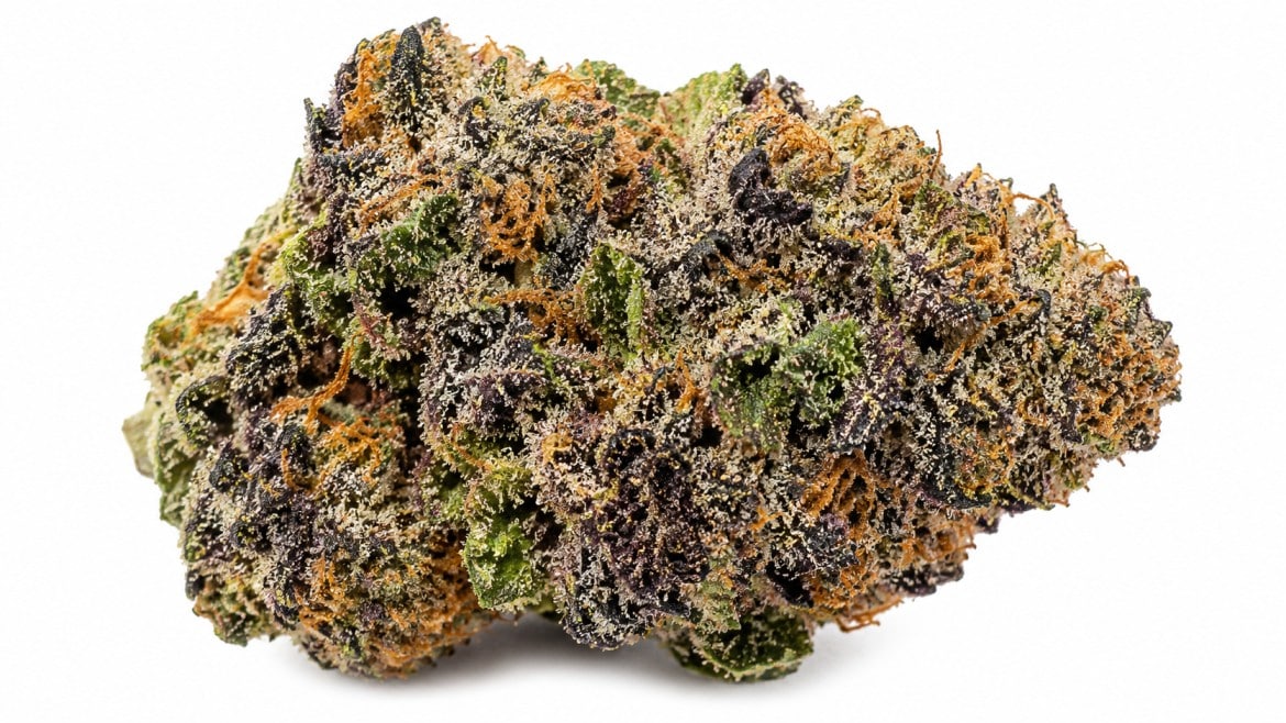 a close-up of a peanut butter breath strain bud with vibrant green, purple, and orange hues coated in crystalline trichomes