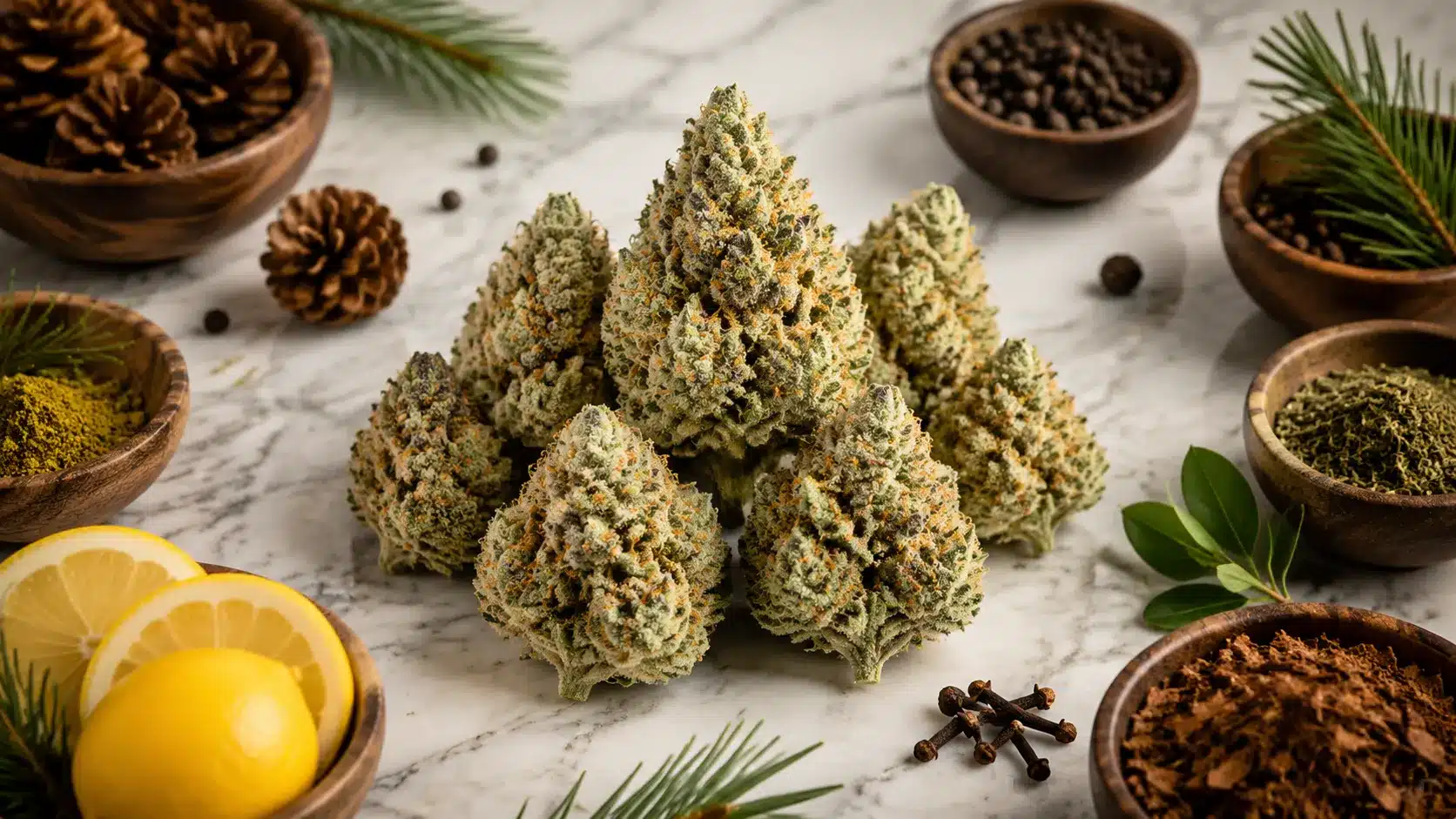 a close-up of cannabis buds arranged on a marble countertop, surrounded by pinecones, herbs, spices, and citrus