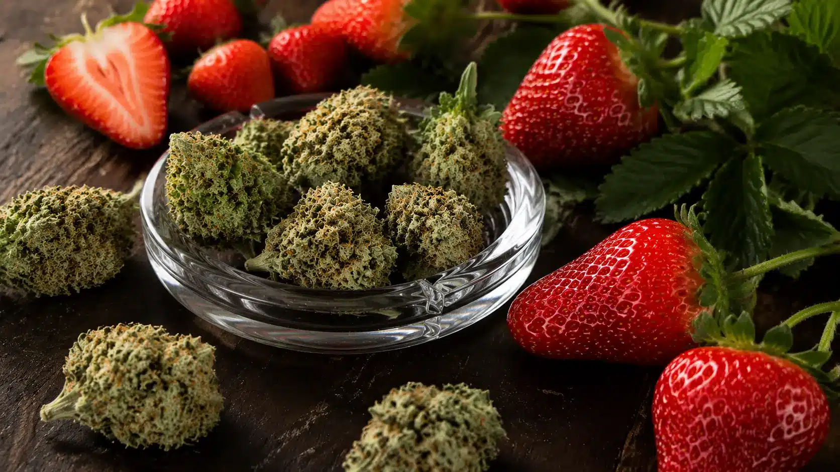 a close-up of frosty cannabis buds, fresh strawberries, and green leaves arranged on a rustic wooden table