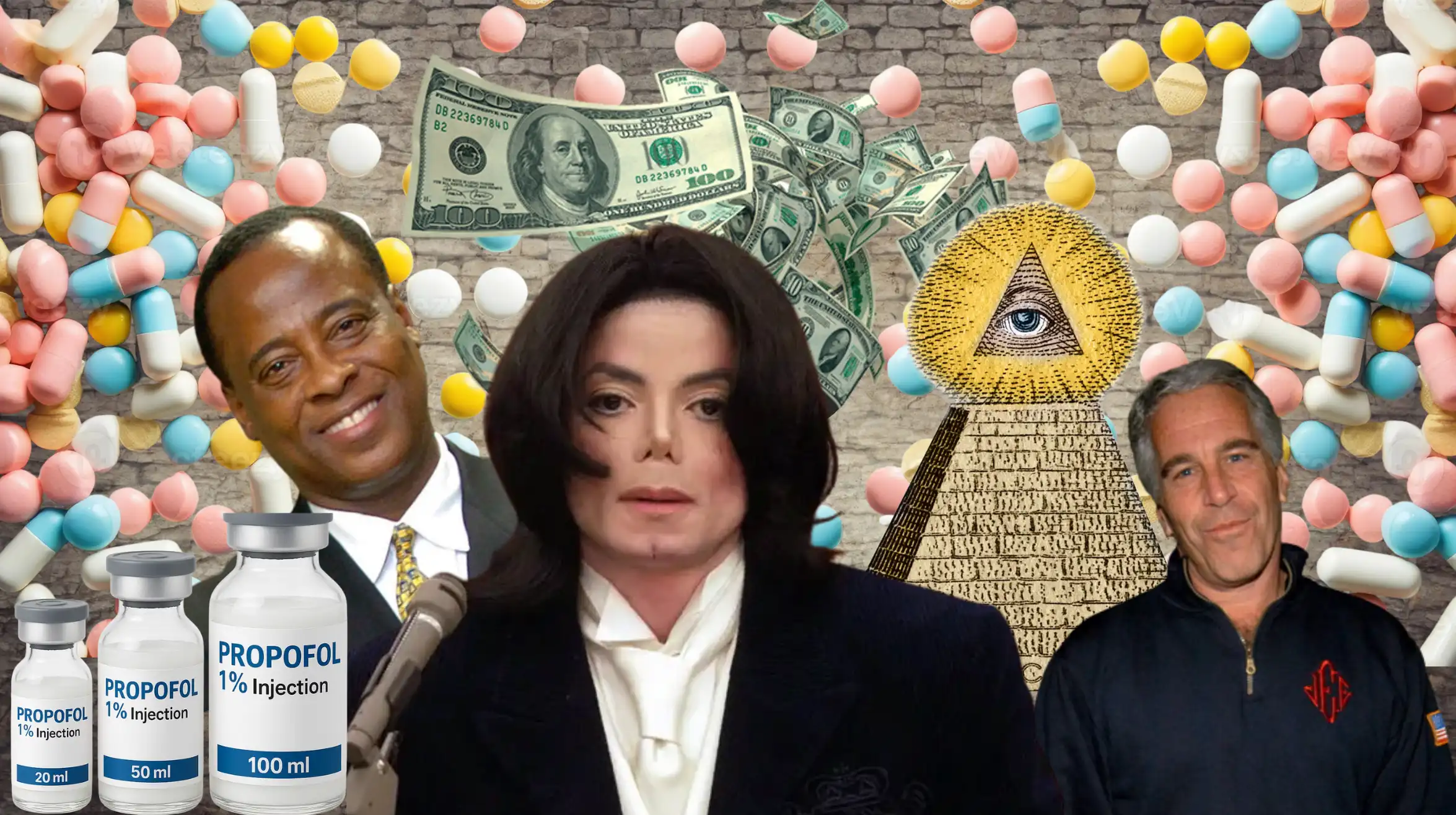 a collage of pills, money, michael jackson, dr. conrad murray, and jeffrey epstein with an illuminati symbol