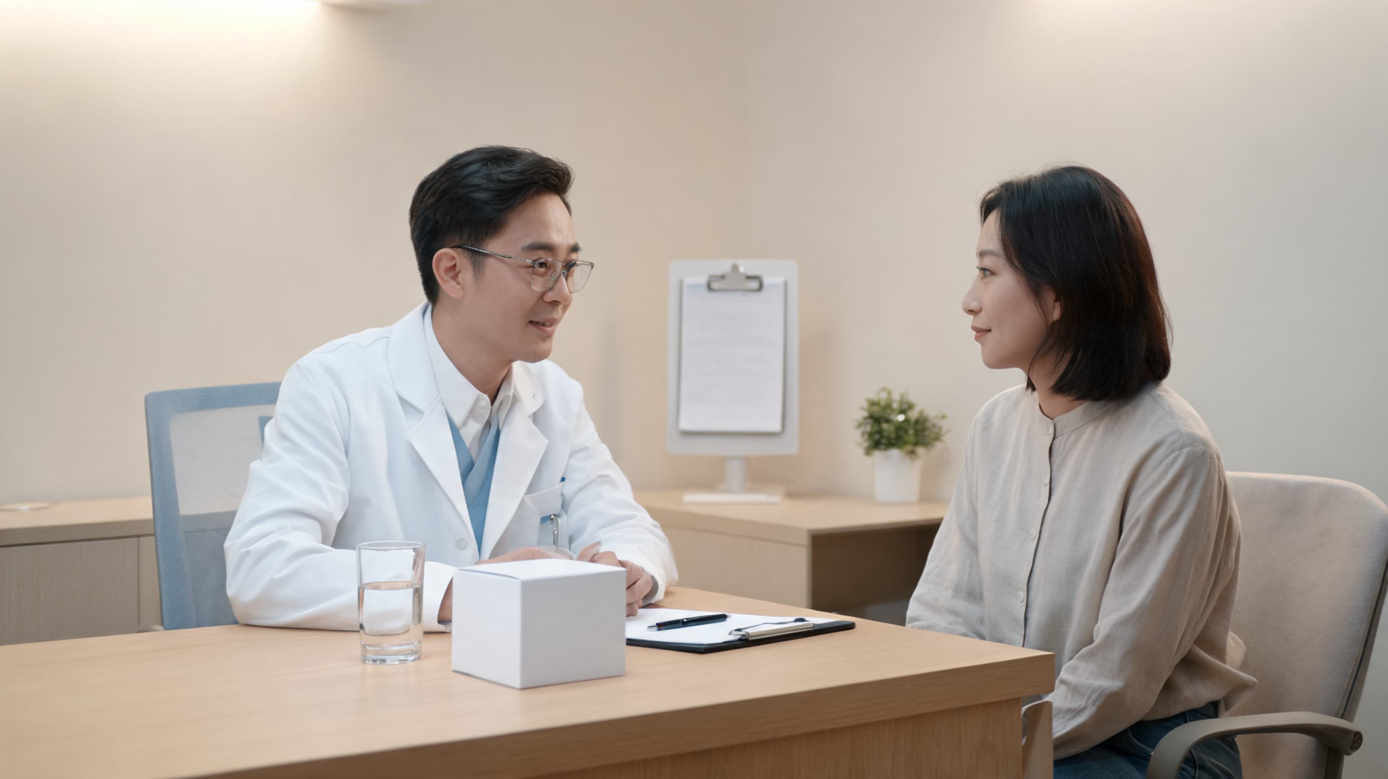a doctor talking with an adult patient beside cbd packaging in a quiet clean consultation room