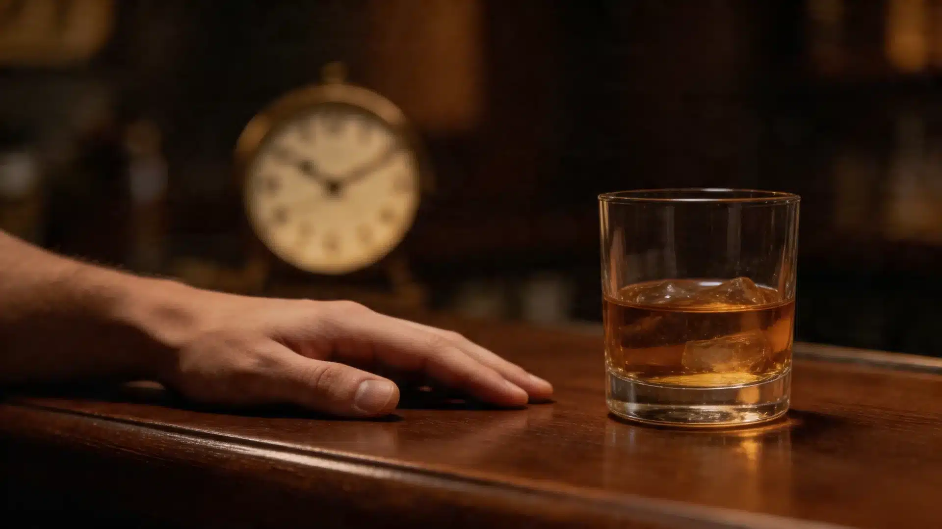 a hand resting on a dark wooden bar counter next to an iced whiskey glass with a blurred vintage clock in the background