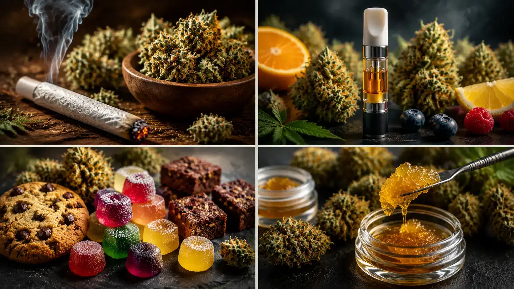 a high-resolution collage showing cannabis joints, vape pens, gummies, and concentrates, with fruits and herbs