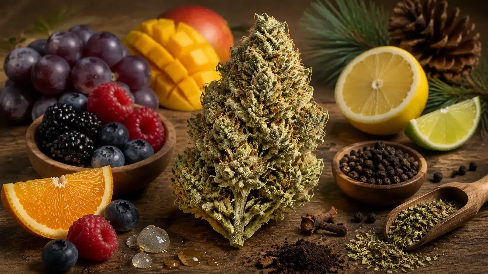 a high-resolution still life featuring cannabis buds surrounded by tropical fruits, herbs, and spices on a wooden table