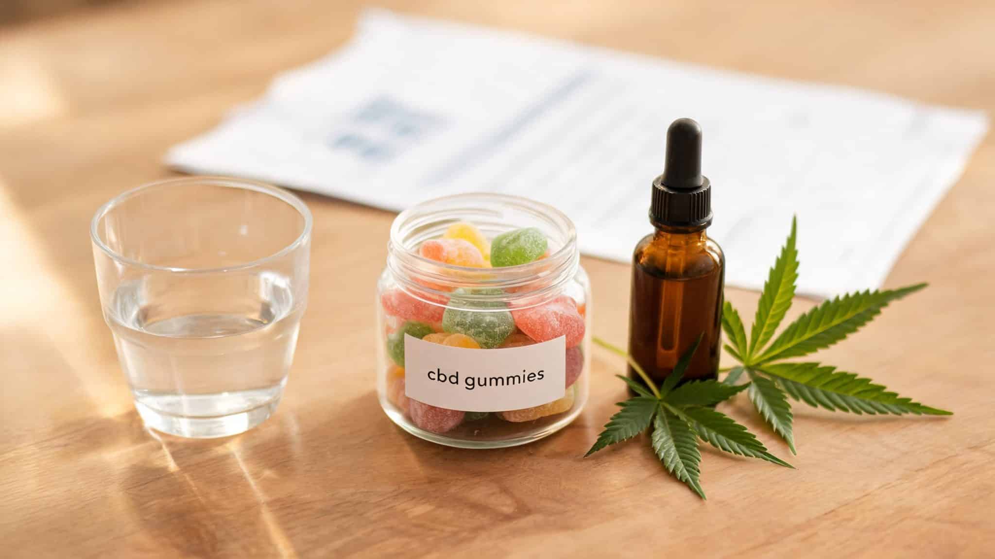 a labeled cbd gummies jar with cbd oil hemp leaves water and a blurred lab report on a wooden table