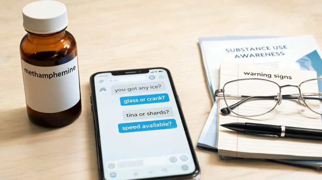 a labeled methamphetamine bottle sits beside a phone showing slang names in a chat with safety notes