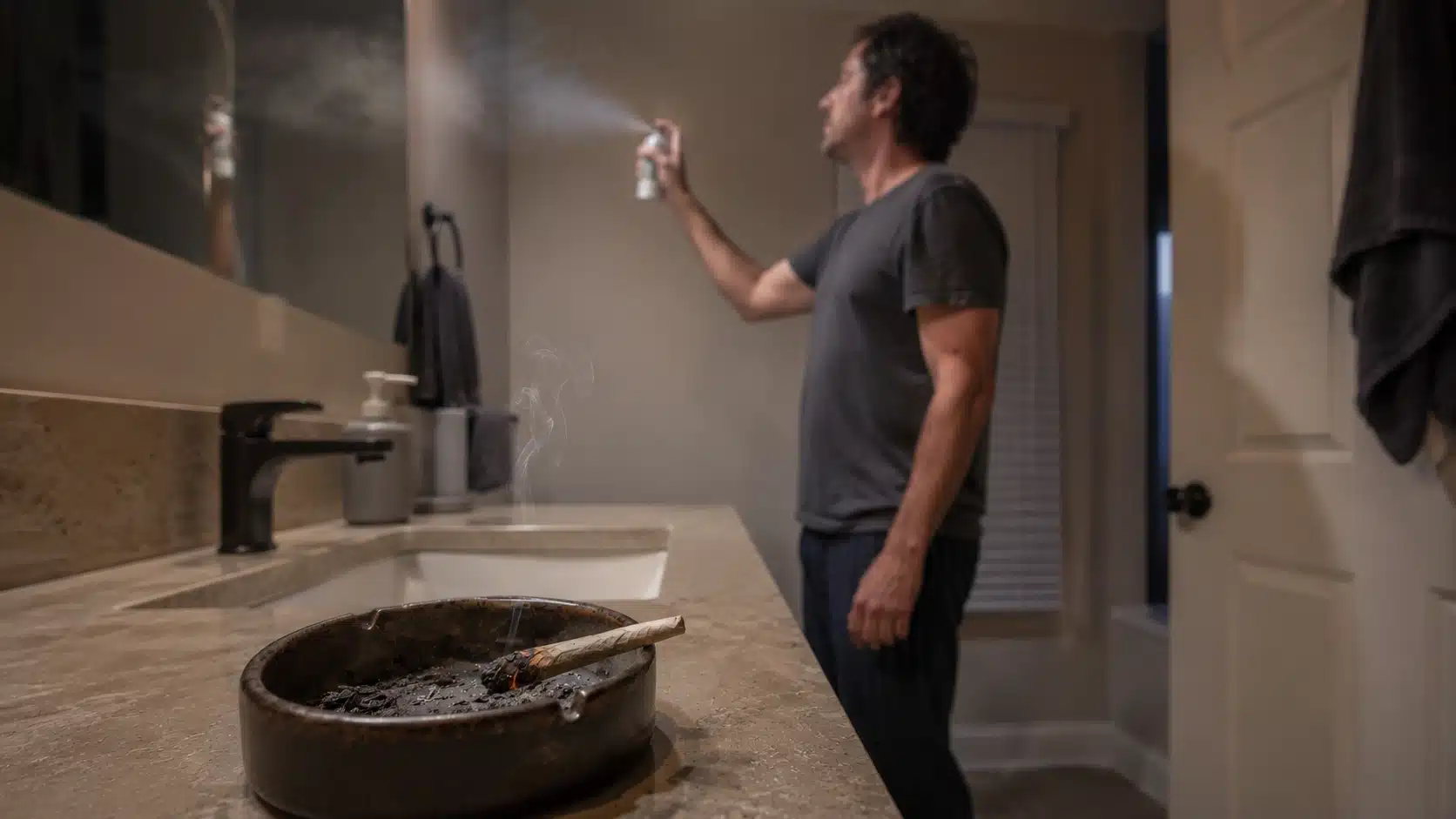 a lit cannabis joint rests in a bathroom ashtray, asking how long does weed smell last after spraying freshener indoors