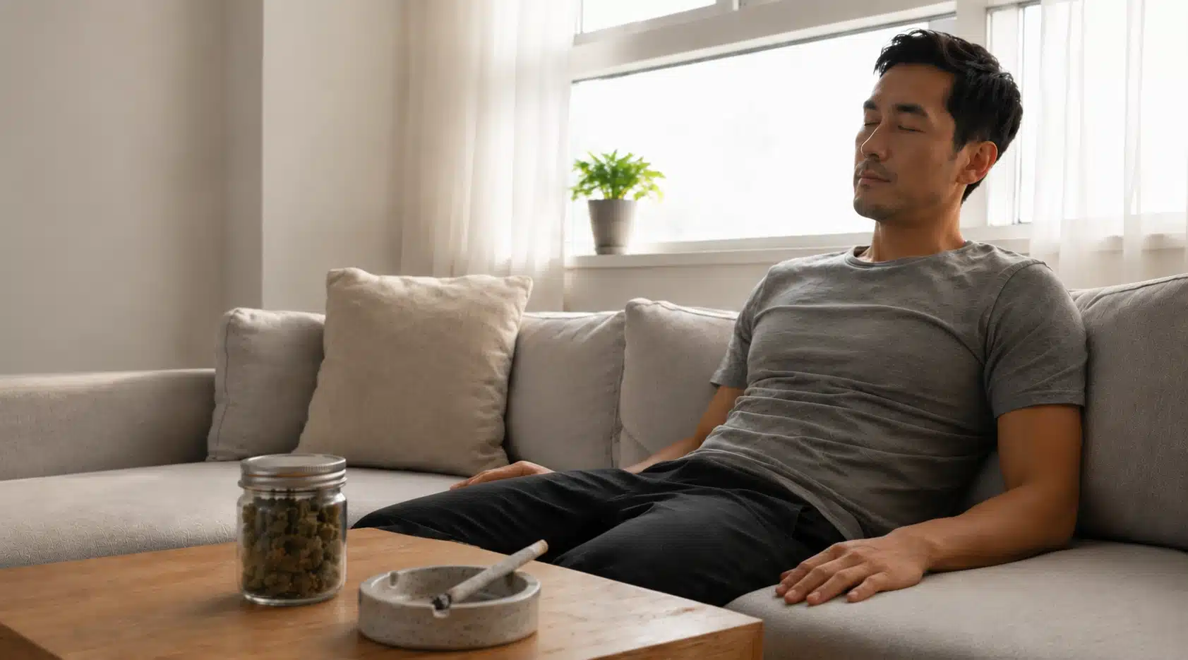 a man in a gray t-shirt relaxes on a sofa, eyes closed, with his hands resting flat on the cushions