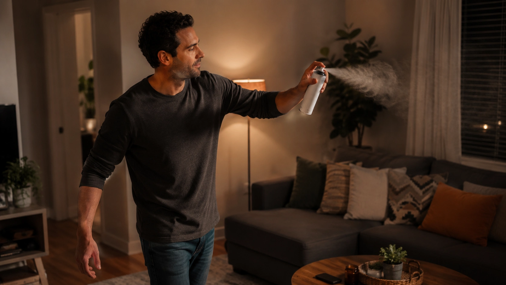 a man sprays air freshener into a cozy living room with a sofa, warm lamp light, plants, and visible mist