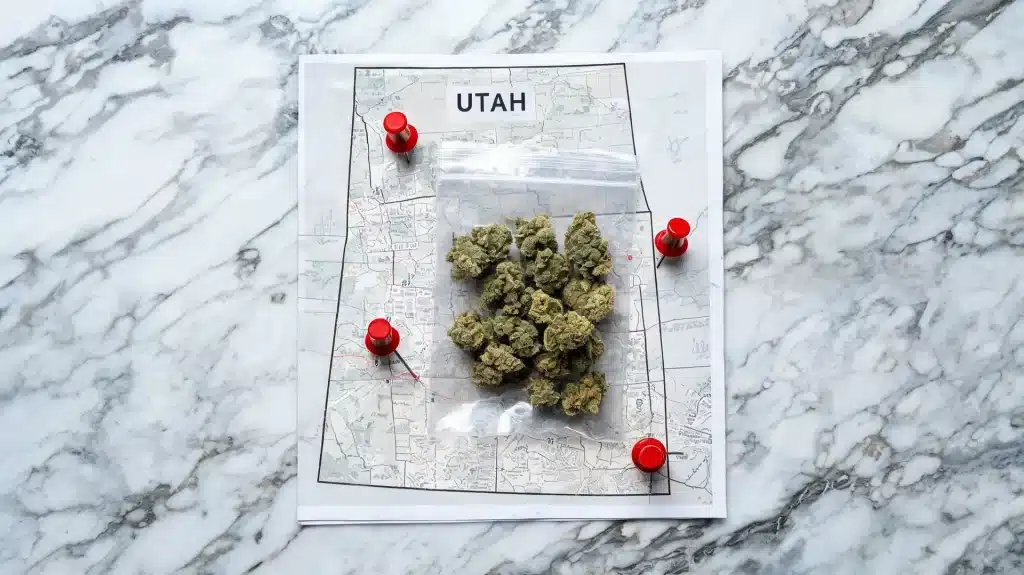 a map of utah with a plastic bag of marijuana placed in the center, held down by red push pins