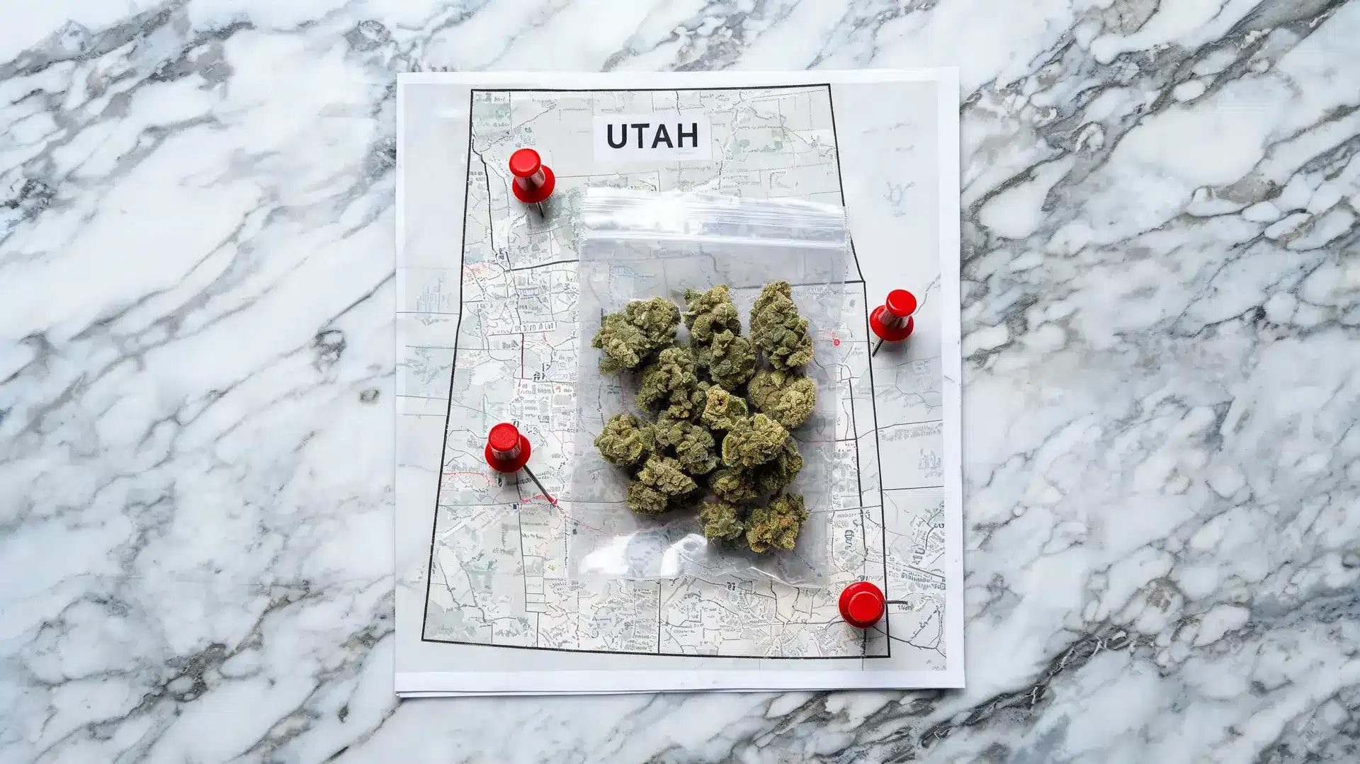 a map of utah with a plastic bag of marijuana placed in the center, held down by red push pins