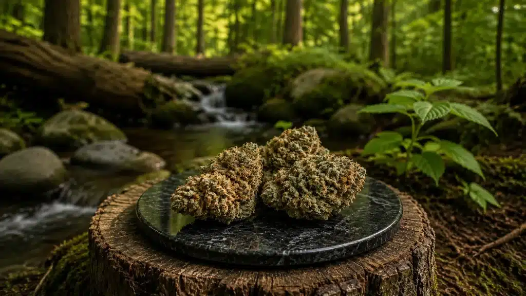 a peaceful forest scene with cannabis buds on a marble platter, surrounded by moss, rocks, and greenery