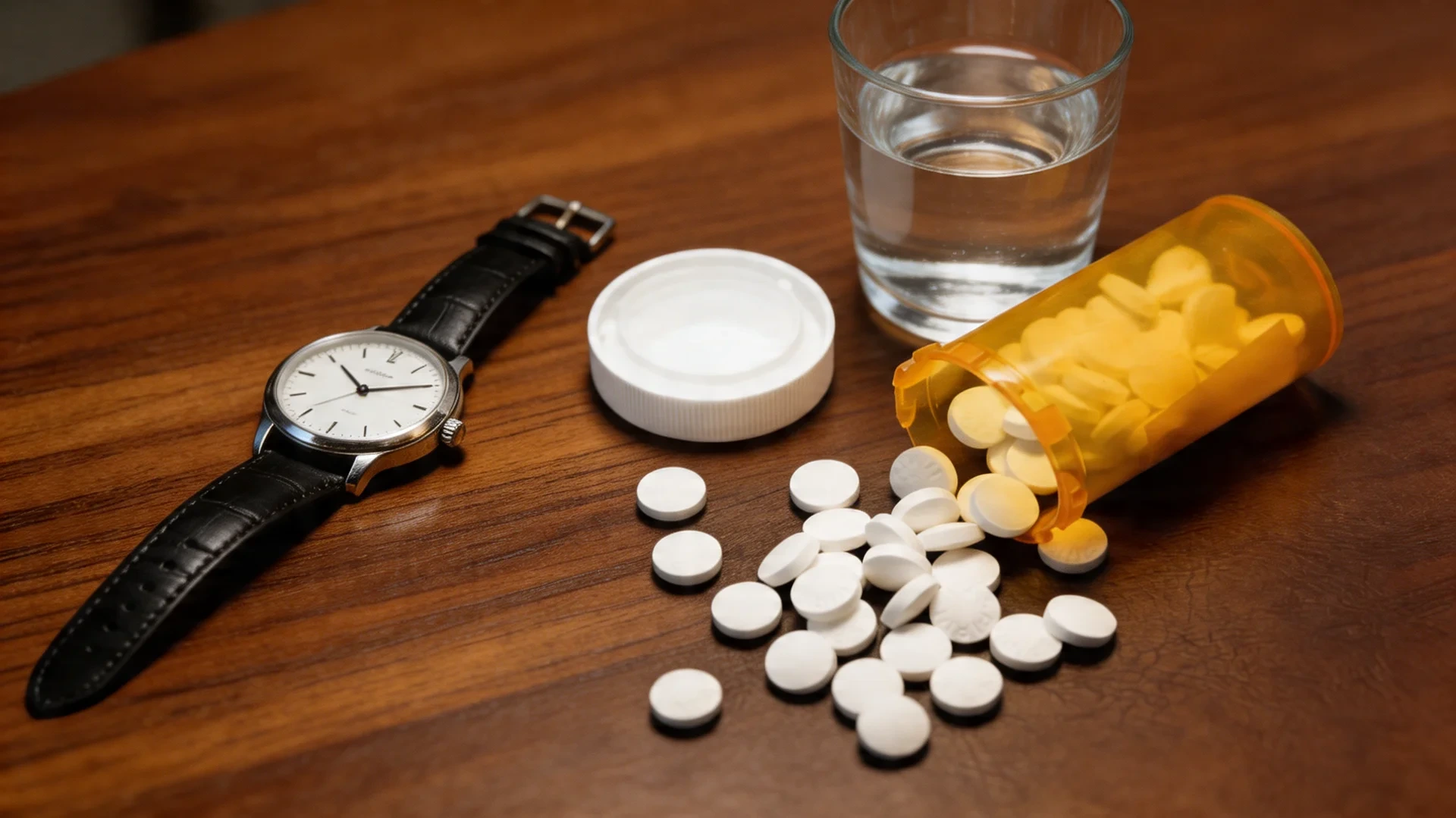 a prescription bottle with white tablets spilled across a wooden surface alongside a wristwatch and a glass of water