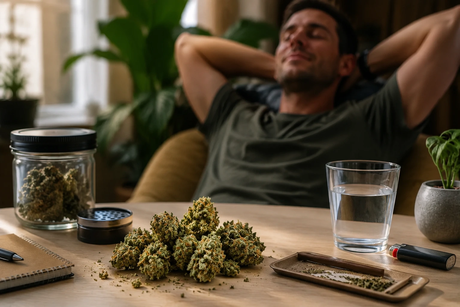 a relaxed person enjoying acdc strain, with cannabis buds, grinder, notebook, water glass, and plant on a wooden table