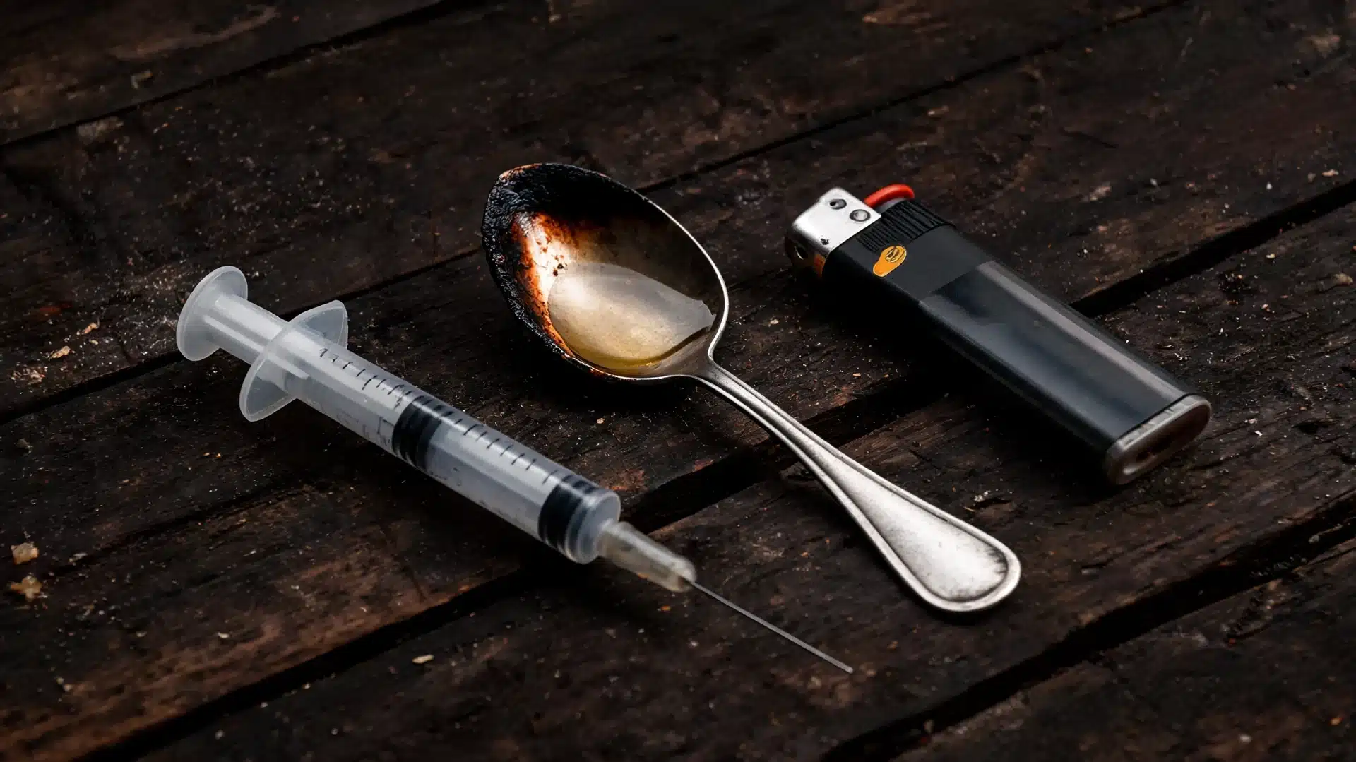 a syringe with a bent needle, a burnt spoon with residue, and a black lighter on a wooden surface