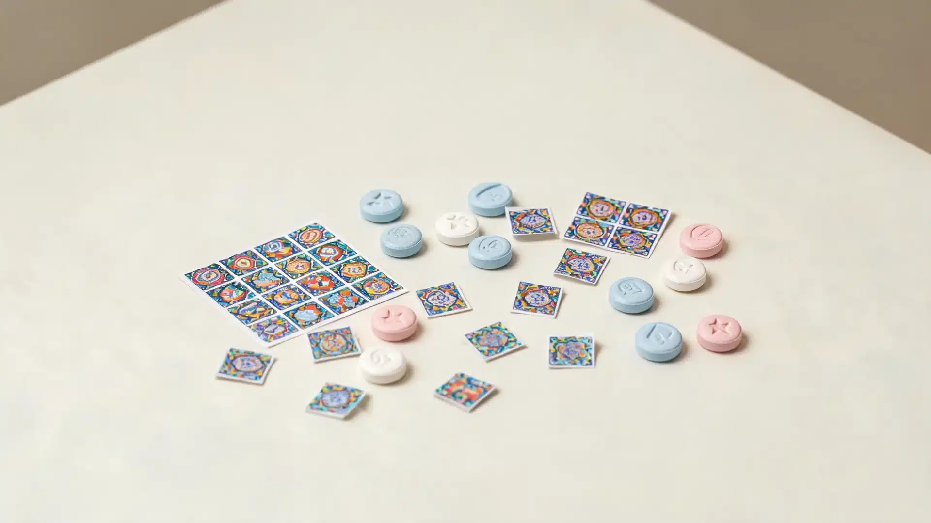 a variety of colorful pills and lsd blotter tabs, including blue, pink, and white, arranged neatly on a light surface