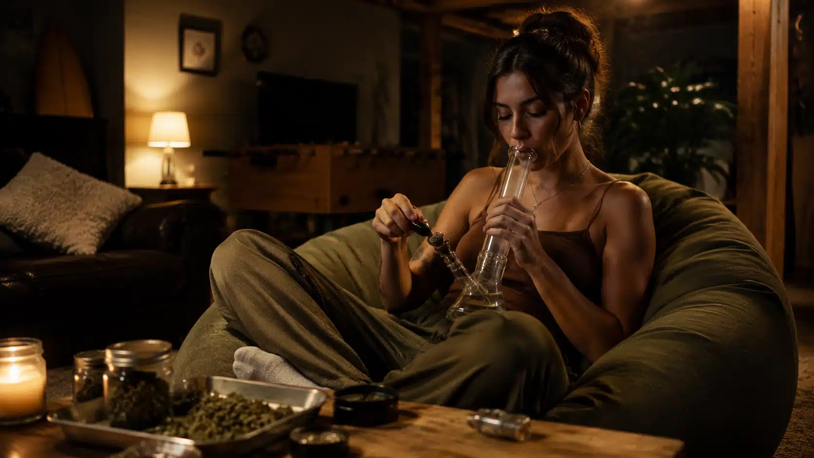 a woman sits on a beanbag in a cozy, dimly lit room, smoking from a bong surrounded by cannabis and paraphernalia