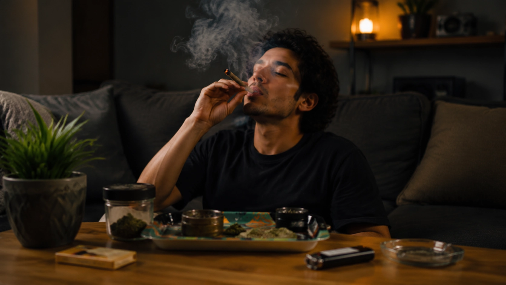 a young man relaxed on a couch, enjoying a joint in a cozy, dimly lit living room with smoking elements on the table